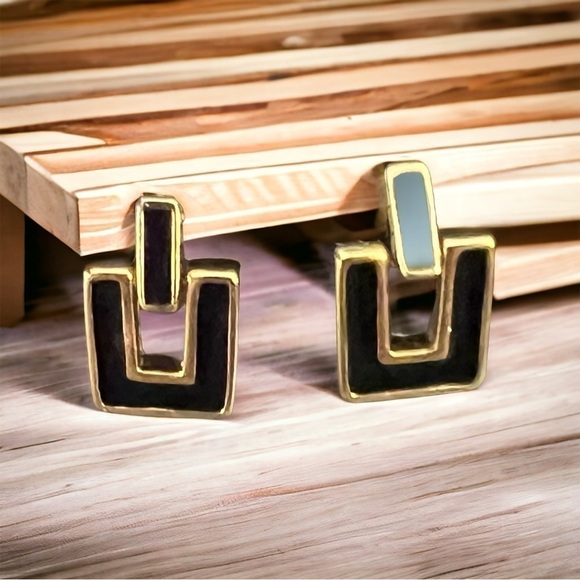 Gold & Black Door‎ Knocker Stud Earrings 1" Hypoallergenic Made in the USA - Picture 1 of 3
